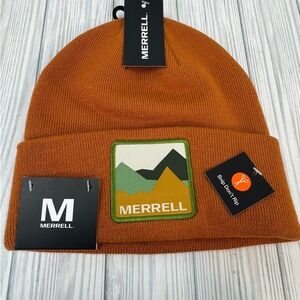 Merrell Mens Orange Acrylic Knit Beanie With Mountain Patch‎ One Size NWT